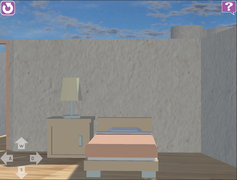 Main scene showing a bedroom with action button on the screen corners